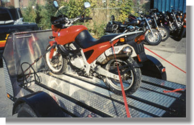F650 on Cyclehauler motorcycle trailer